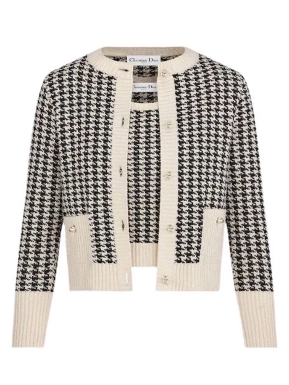Dior Black & Cream Houndstooth Cropped Cardigan Set
